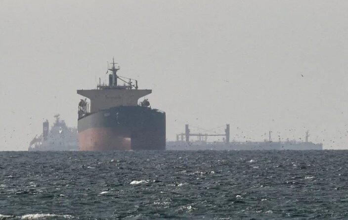 Large cargo ship on ocean