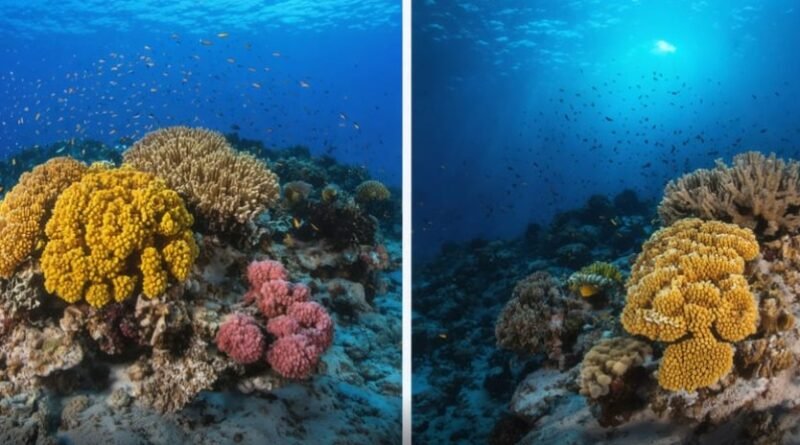 Side-by-side comparison of healthy coral reef within MPA and depleted reef outside protected area