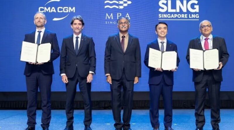 Maritime industry representatives on stage during an MoU signing ceremony at SIBCON 2026 in Singapore